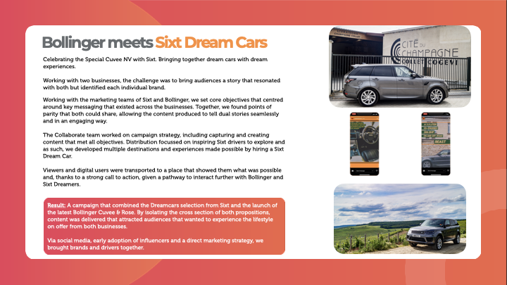 Bollinger meets Sixt Dream Cars campaign summary slide
