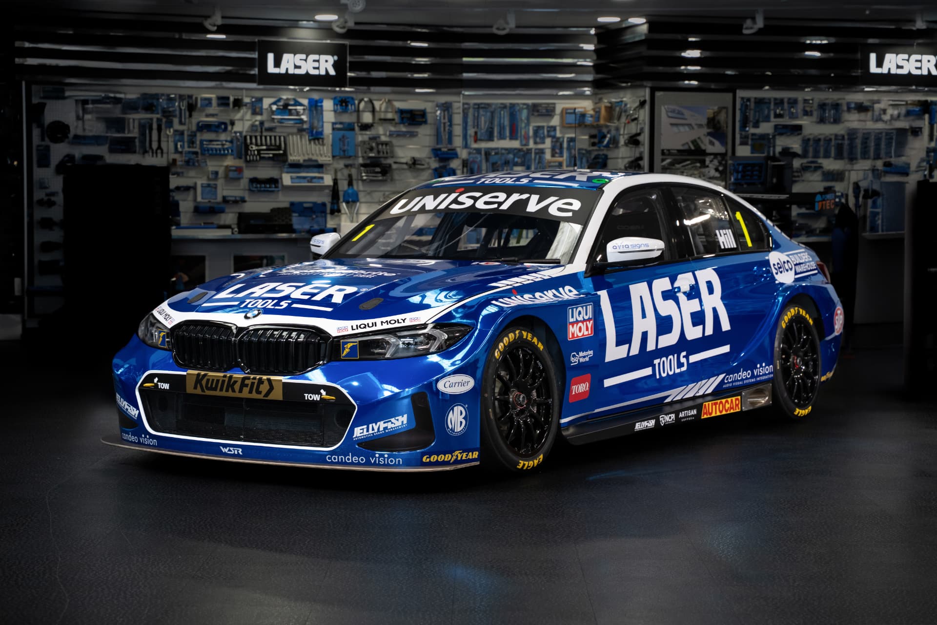 Laser Tools Racing BMW 330e M Sport BTCC car carrying Big Motoring World branding