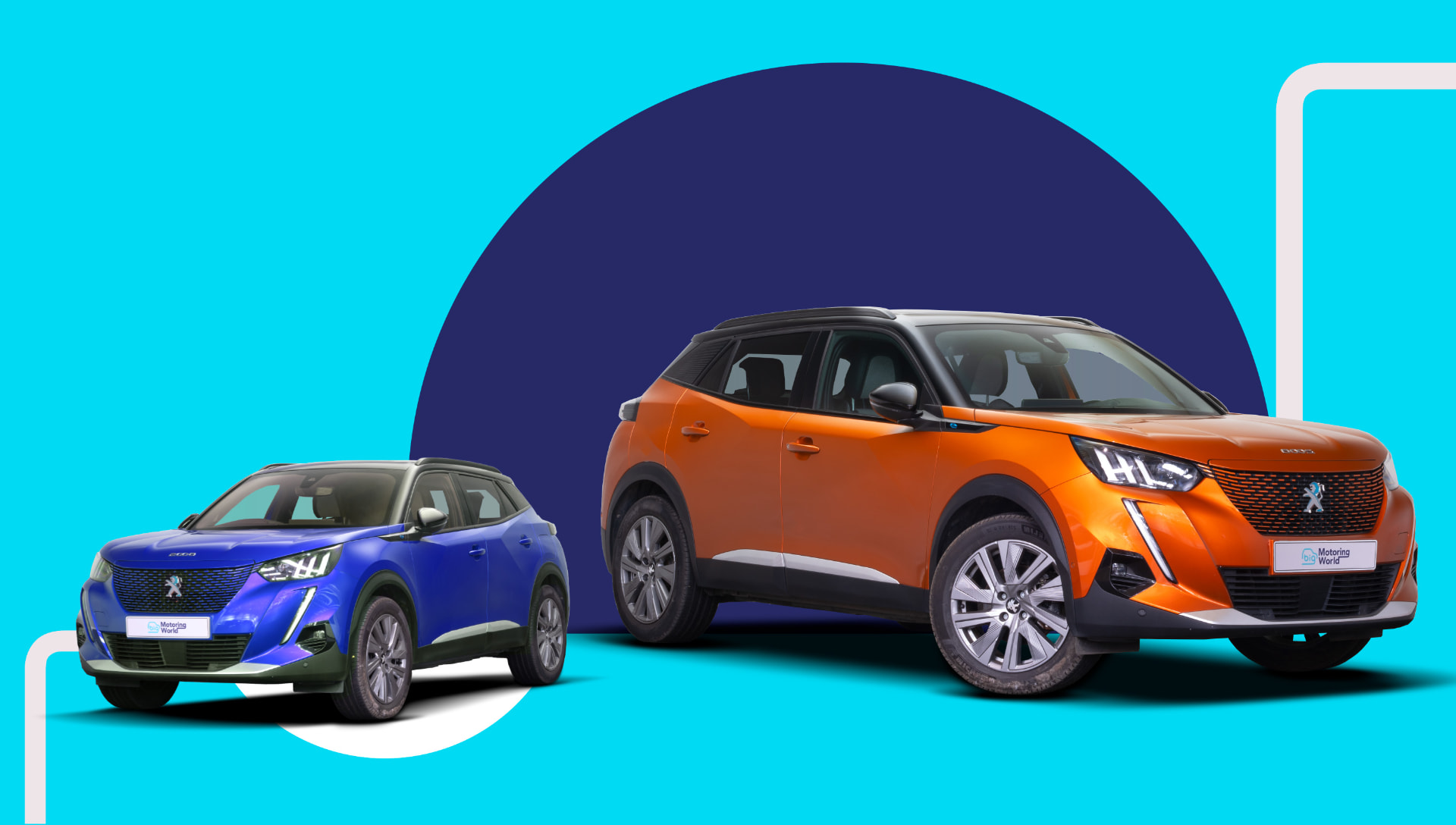 Two Peugeot 2008 models in Big Motoring World livery on a cyan and navy brand background